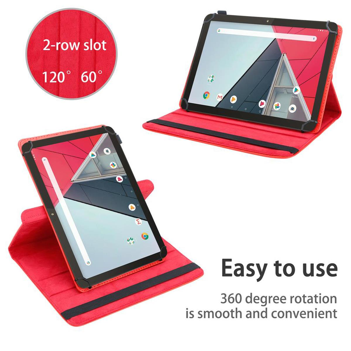 Zwei Tablets auf roten Hüllen, eines schräg. Text lautet: 'Einfach zu bedienen' und '360-Grad-Drehung'.