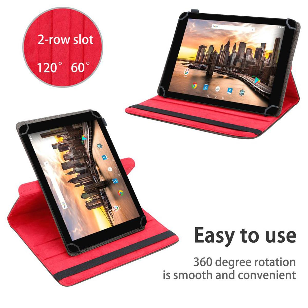 Tablets in roten Hüllen, Text. Weißer Hintergrund.
