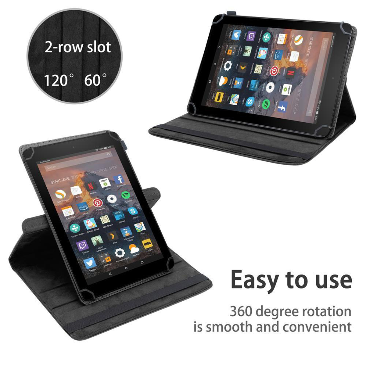 Zwei Tablets in Hüllen. Eines geöffnet mit Bildschirm, das andere geschlossen. Text: Einfach zu bedienen, 360° Drehung.