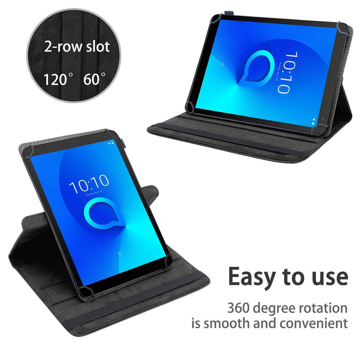 Zwei Tablets in Hüllen, eines offen, zeigen einen blauen Bildschirm mit Logo und Uhrzeit 10:10.