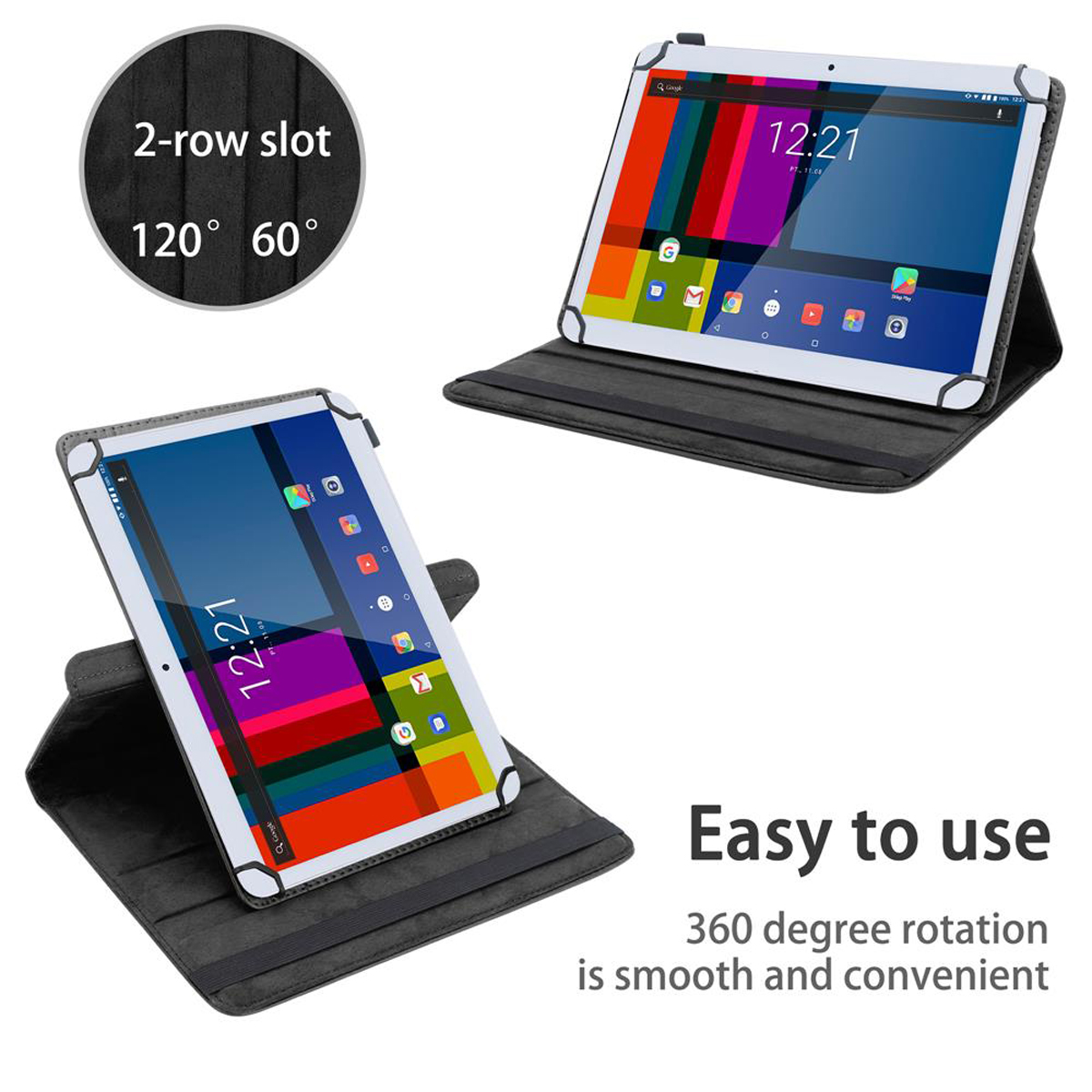 Tablets in Hüllen, schwarz. Eine offen, eine geschlossen. Einfach zu bedienen, 360-Grad-Drehung ist glatt und bequem.