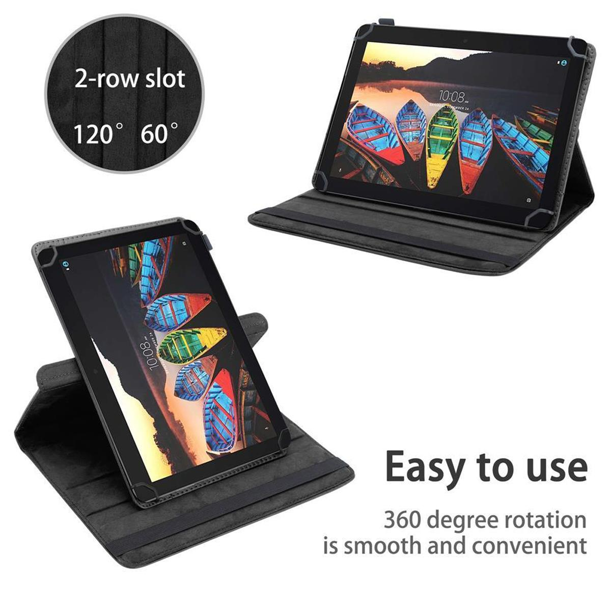 Tablet in einer Hülle, offen und gefaltet gezeigt, mit Text, der Drehung und Verwendung beschreibt.