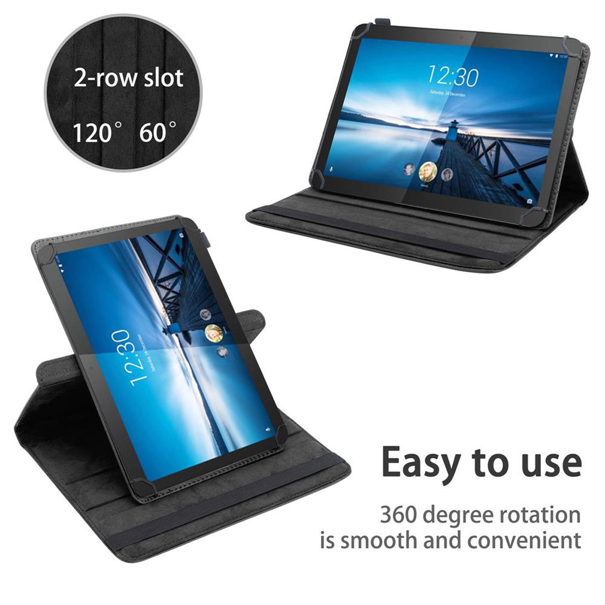 Zwei Tablets in schwarzen Hüllen, mit dem Text 'Einfach zu bedienen' und '360-Grad-Drehung'.