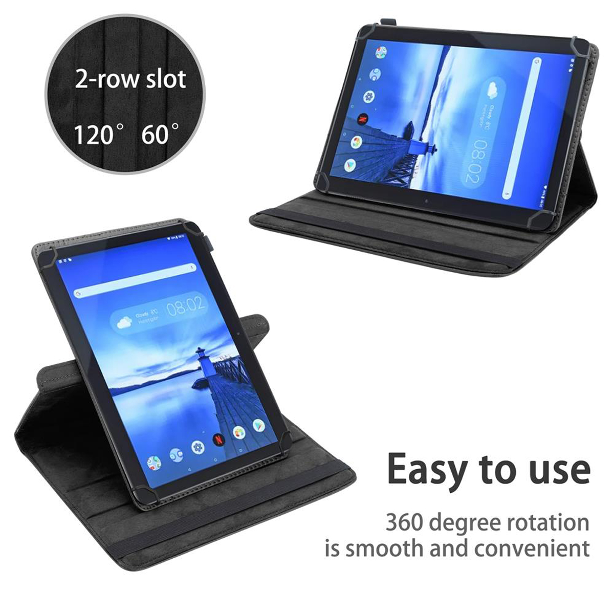 Tablets in Hüllen, zeigen schräge Ansichten. Text: 360° Drehung ist reibungslos.