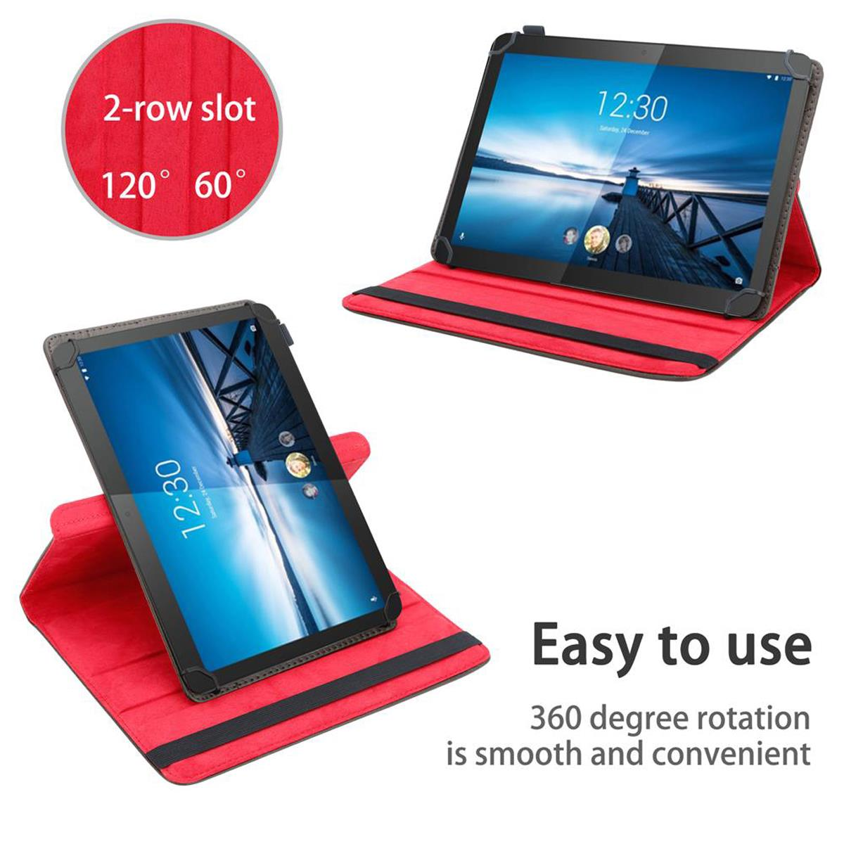 Zwei Tablets in roten Hüllen, eines nach oben geneigt. Text: einfach zu bedienen. 360-Grad-Drehung.