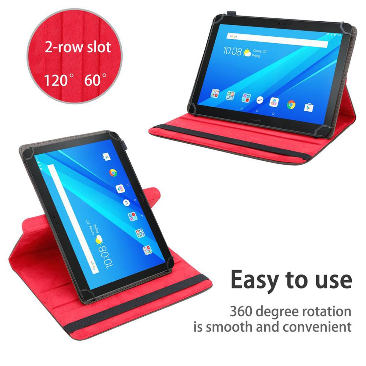Tablet in roter Hülle, mit 360-Grad-Drehfunktion, Text: 'Einfach zu bedienen'.
