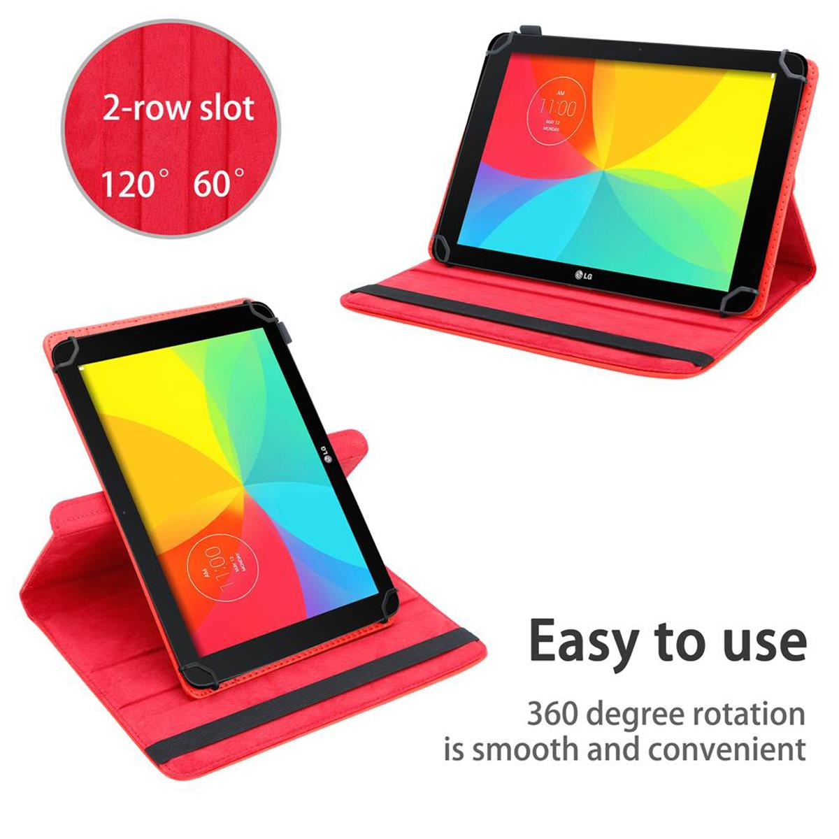 Zwei Tablets in roten Hüllen, die verschiedene Winkel zeigen. Text: Einfach zu bedienen, 360° Drehung.