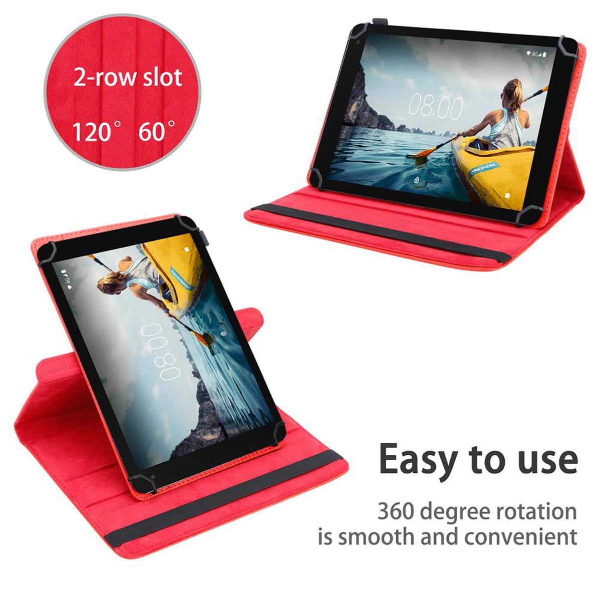 Tablet in una custodia rossa in posizioni aperta e chiusa, che mostra una scena di kayak sullo schermo, con testo 'Facile da usare'.