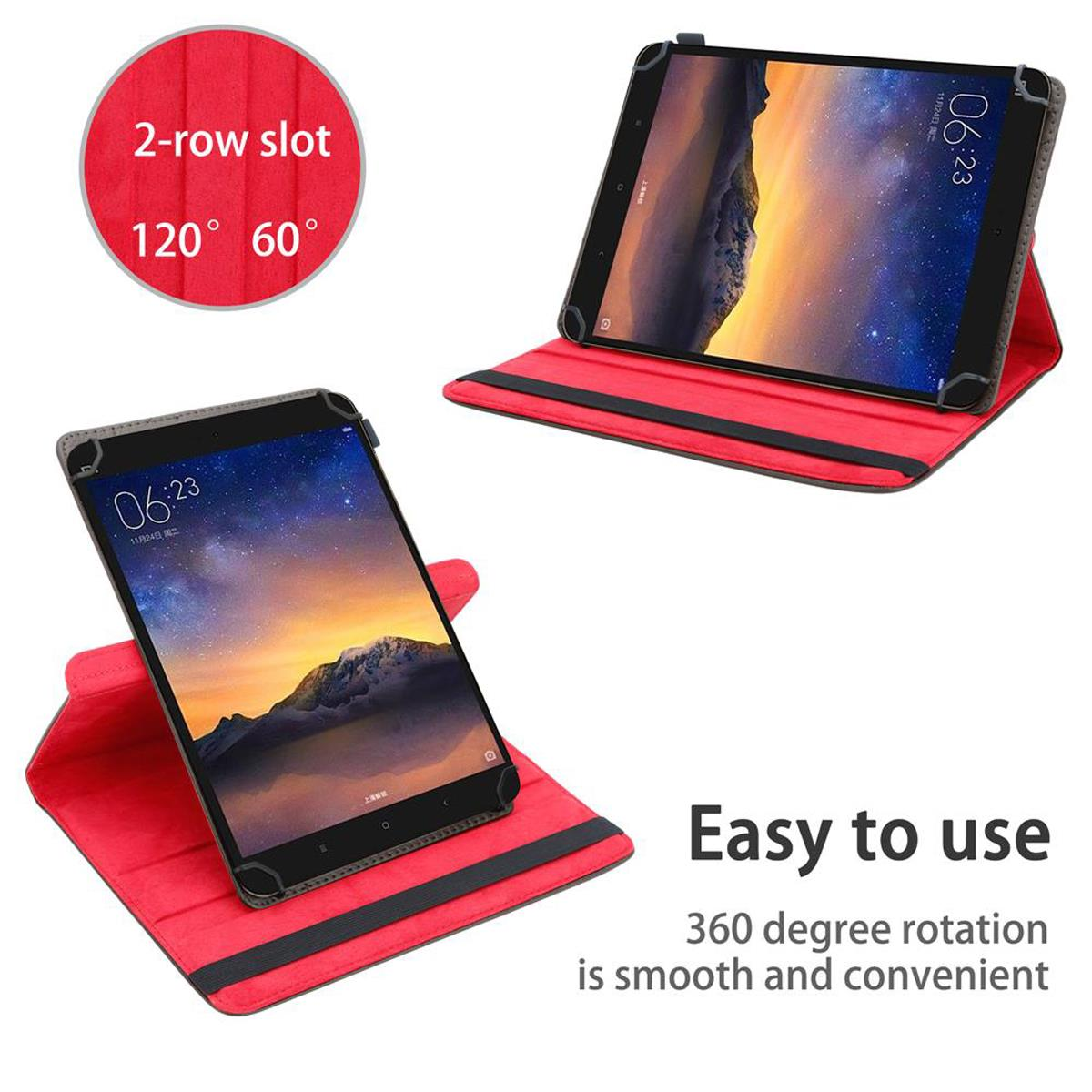 Tablet in roter Hülle in zwei Positionen mit dem Text „Einfach zu bedienen“ und „360-Grad-Drehung ist sanft und bequem“.