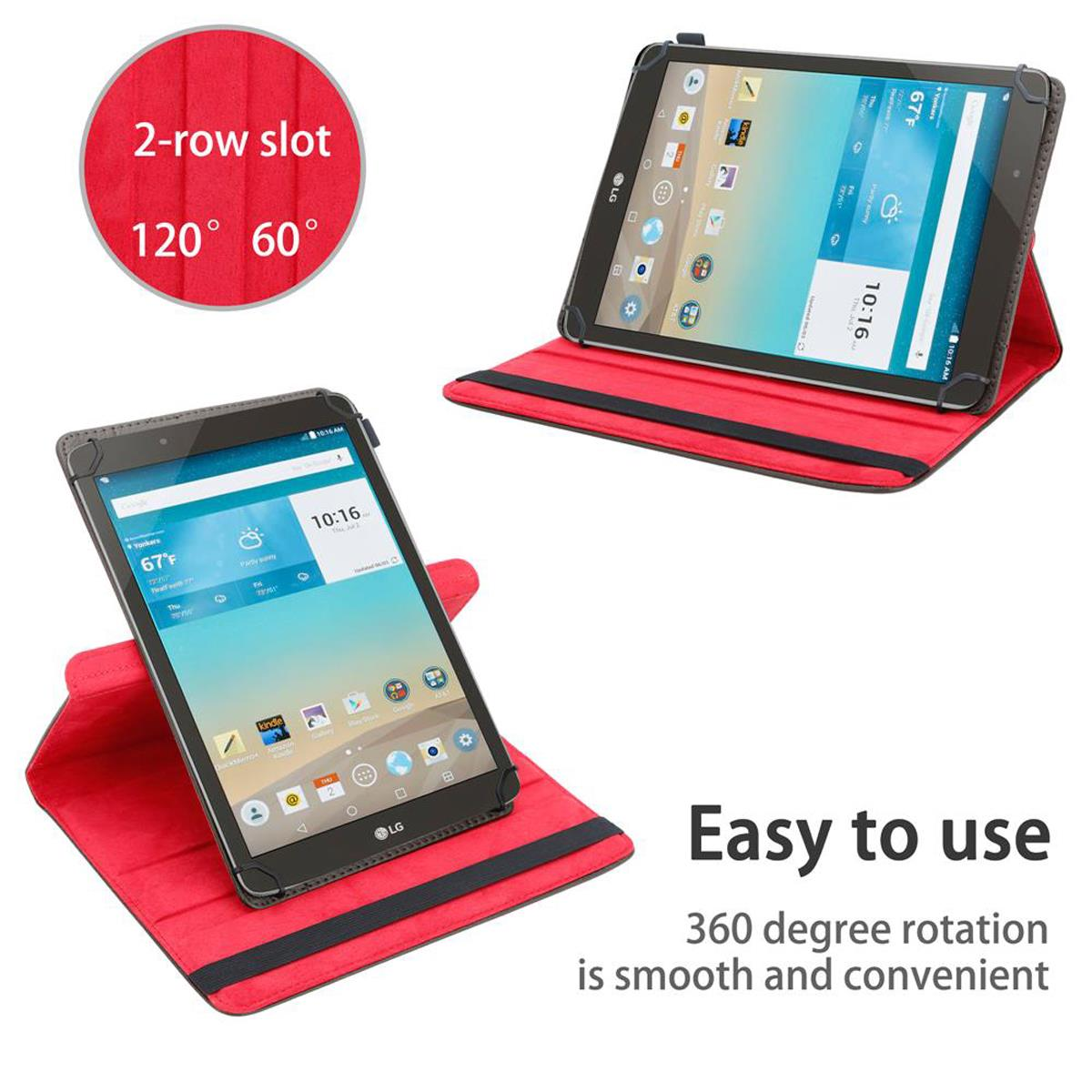 Rote Tablethülle mit Tablet. Das Tablet zeigt Zeit und Wetter. Text: Einfach zu bedienen. 360-Grad-Drehung.