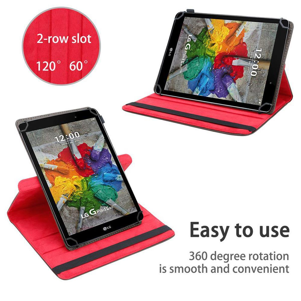 Tablets in roten Hüllen. Eines zeigt einen bunten Bildschirm und das andere ist abgewinkelt.