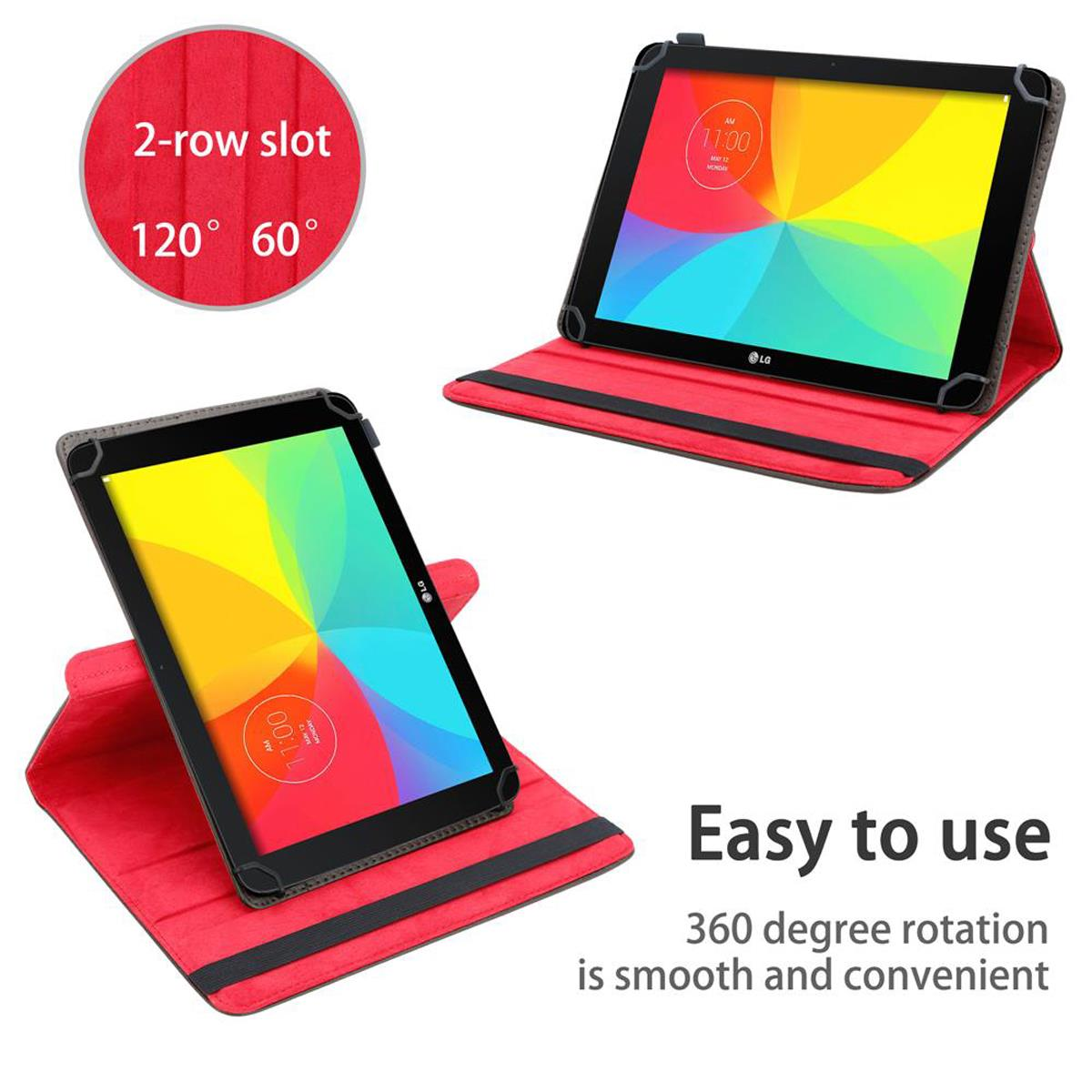 Zwei Tablets in roten Hüllen, eines offen, mit Text: Einfach zu bedienen.