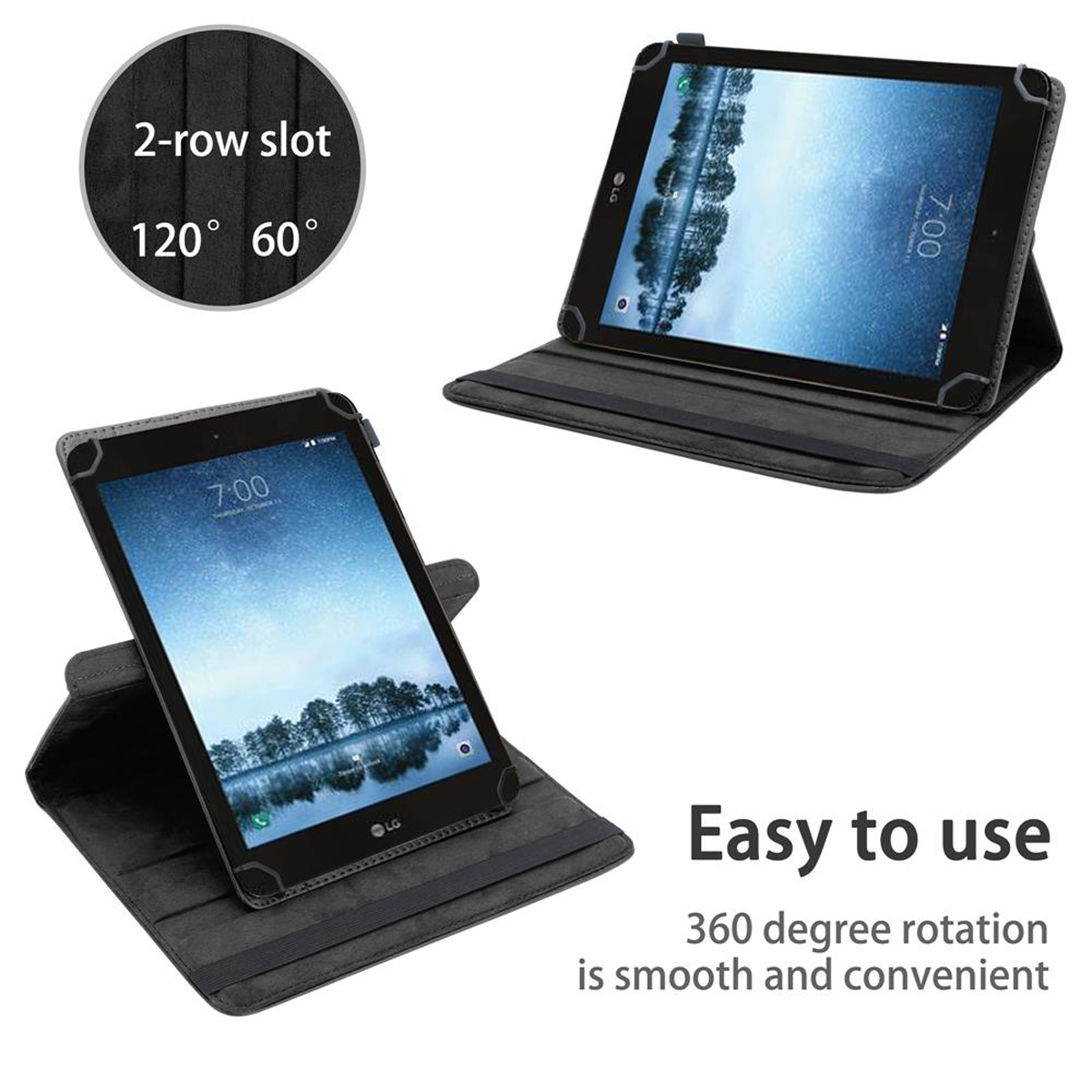 Zwei Tablet-Hüllen, eine offen mit Tablet. Text sagt einfach zu bedienen und 360-Grad-Drehung.