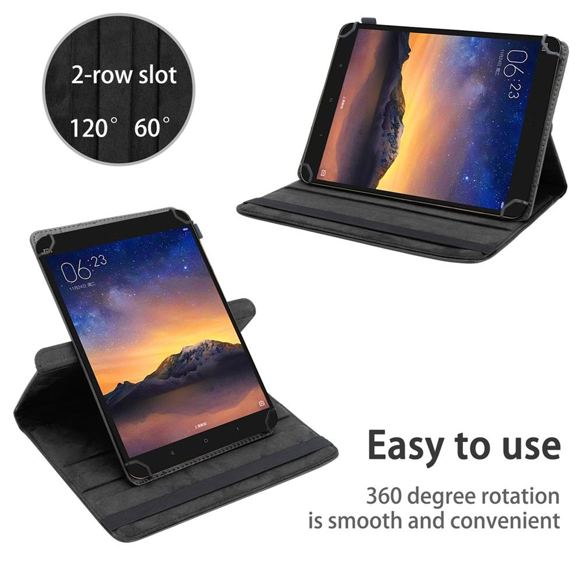 Zwei Tablets in dunkelgrauen Hüllen. Jedes hat einen dunklen Bildschirm. Einfach zu bedienen Text.