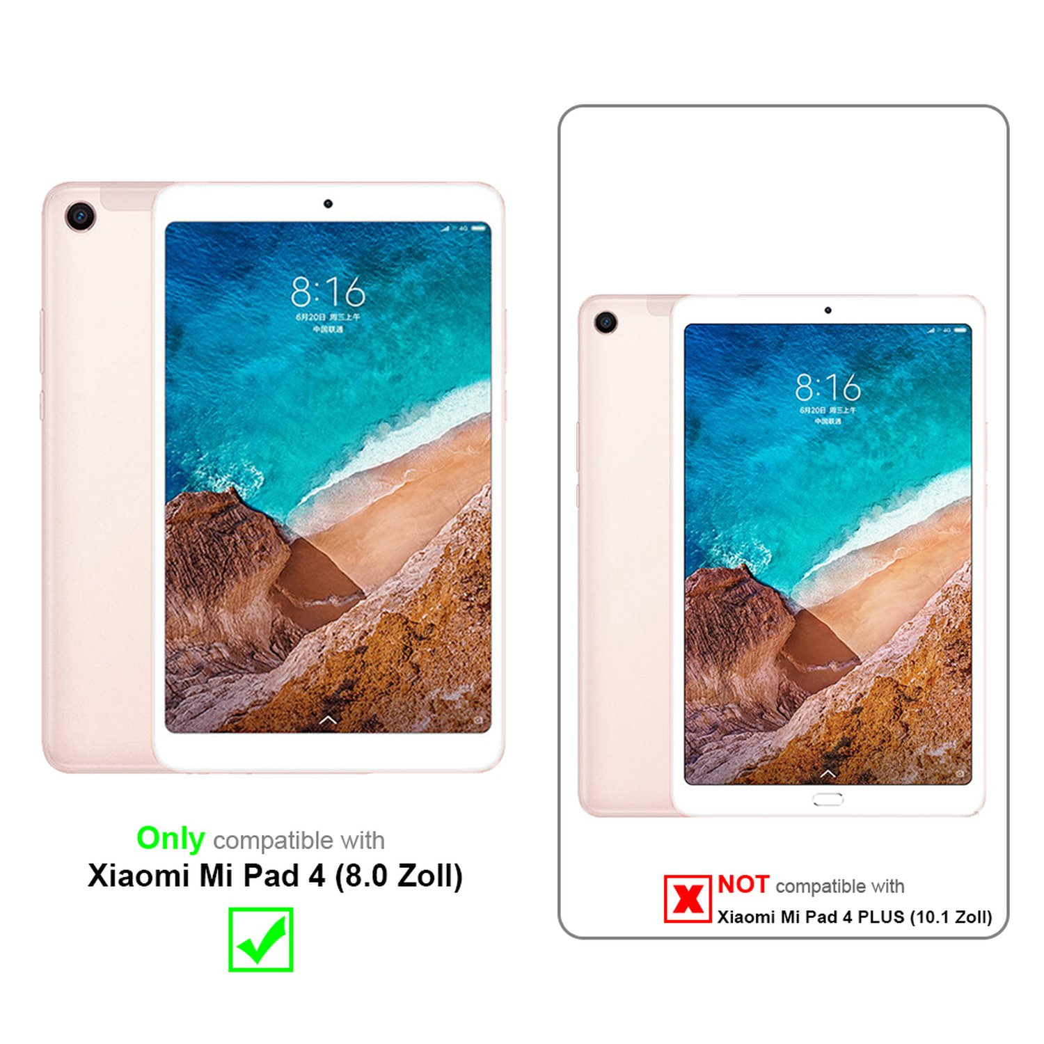 Zwei Tablets, eines in einer Hülle. Text zeigt Kompatibilität mit Xiaomi Mi Pad 4, NICHT mit Mi Pad 4 Plus.