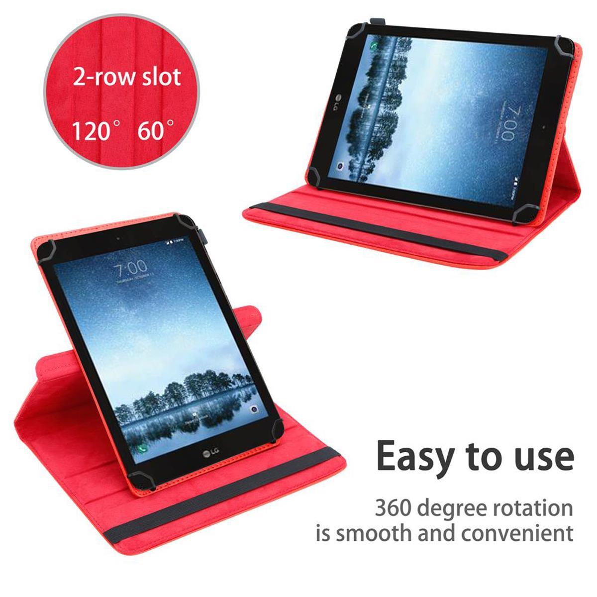 Rote Tablet-Hülle mit Tablet. Text: Einfach zu bedienen, 360-Grad-Drehung.