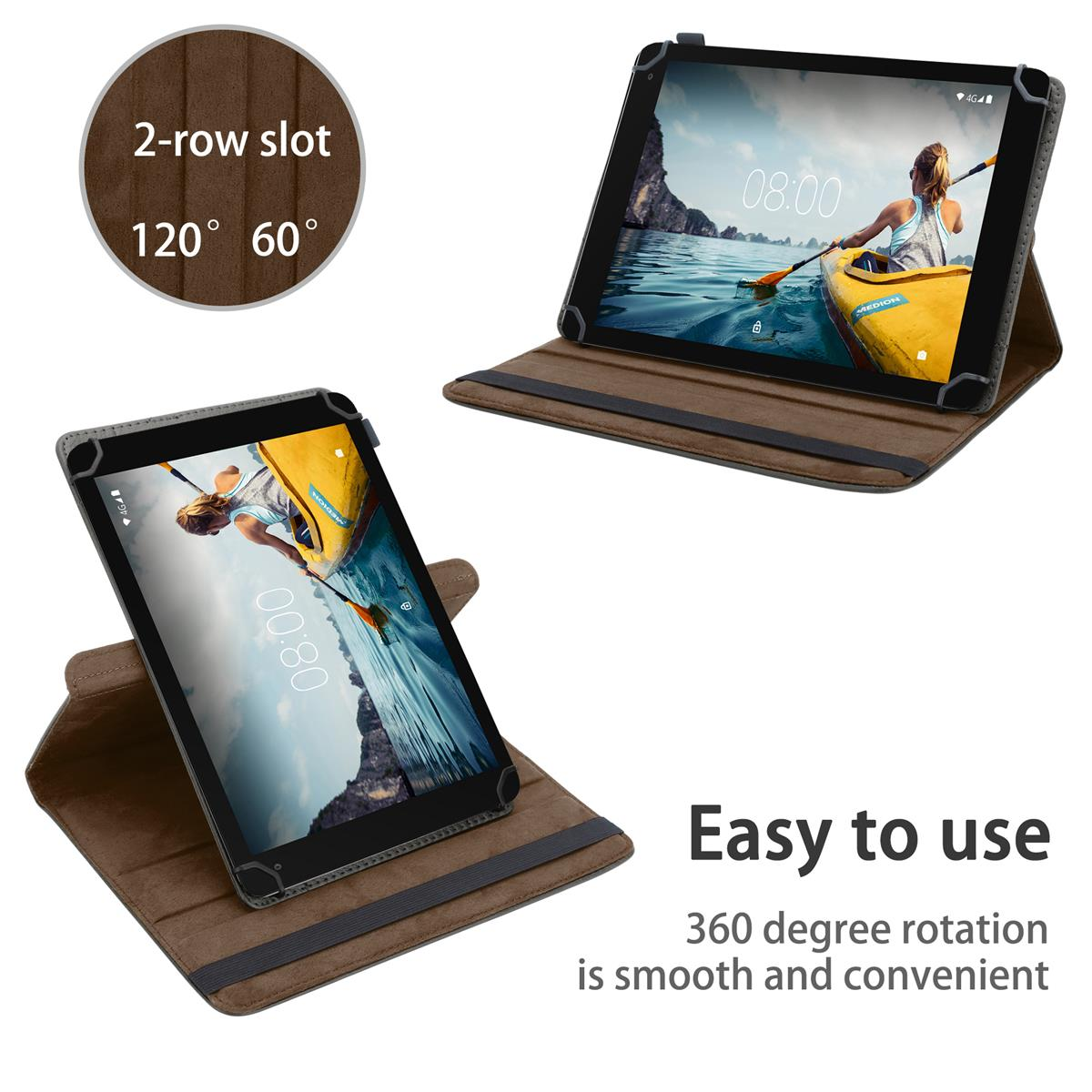 Tablets in Hüllen, wobei eines geöffnet ist und eine Frau in einem gelben Boot auf dem Bildschirm zeigt.