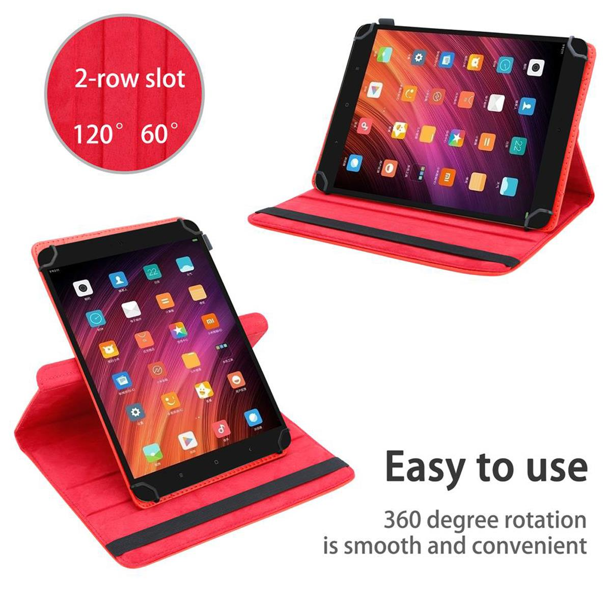Rotes Tablet in einem Ständer mit zwei Blickwinkeln. Text: Einfach zu bedienen, 360° Drehung.
