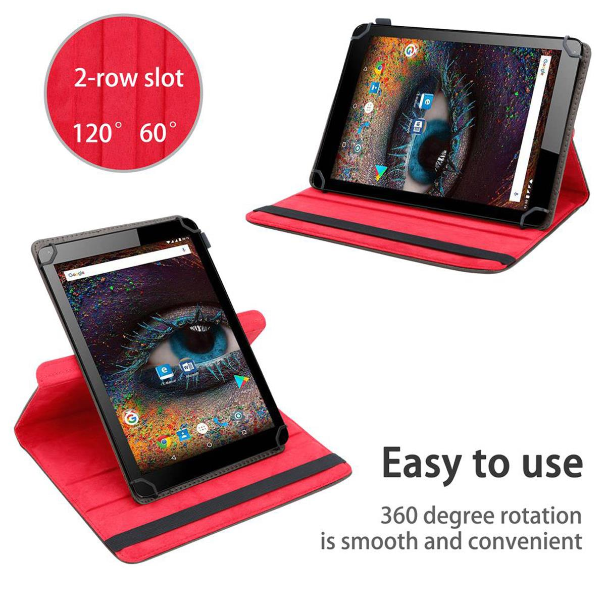 Tablets mit roten Hüllen, Bildschirme zeigend. Text: 'Einfach zu bedienen' und Drehung.