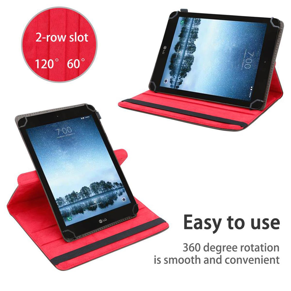Zwei Tablets in roten Hüllen, die Bildschirme in verschiedenen Winkeln zeigen, mit Text und Kreis.