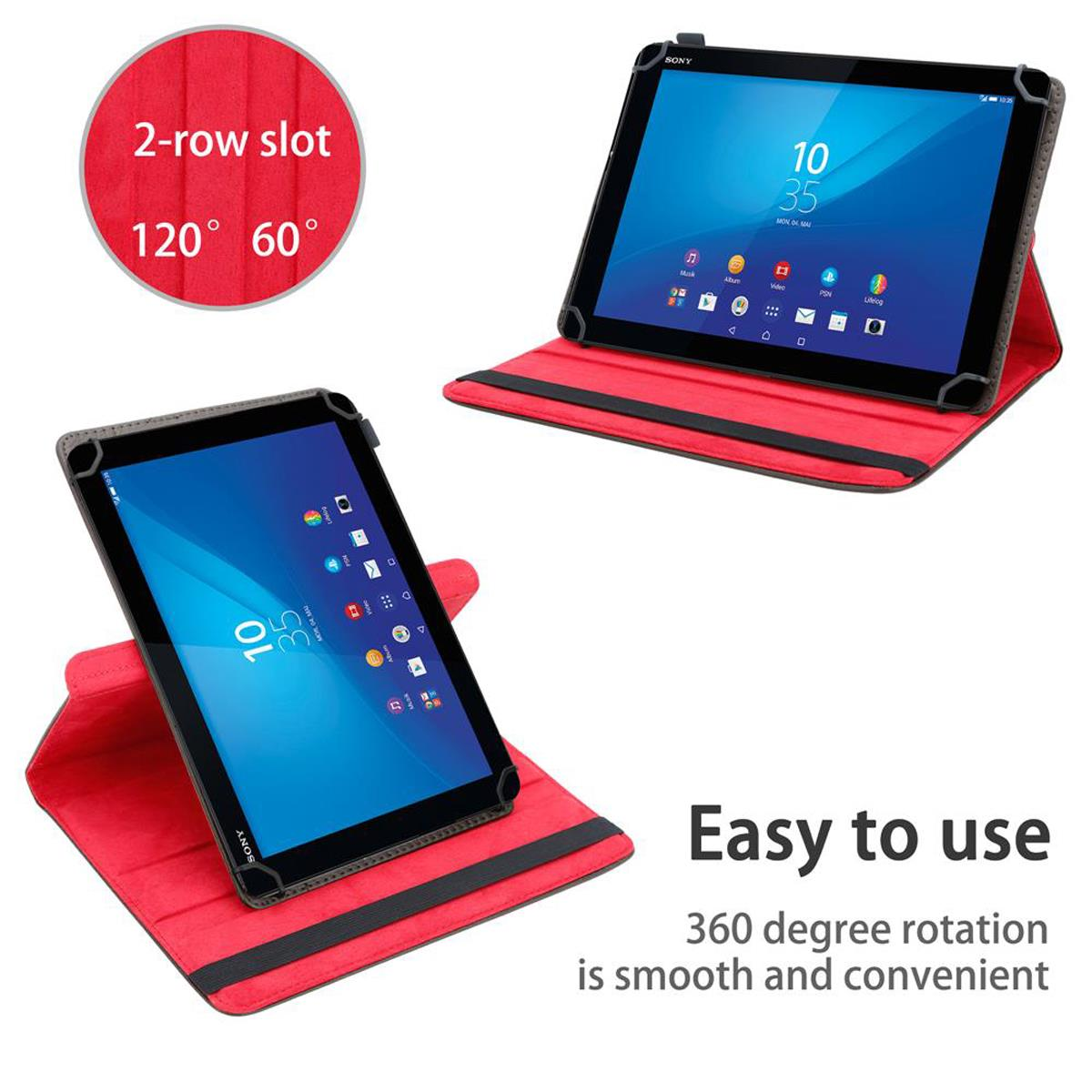 Tablets in roter Hülle, zeigen Rotation und 2-reihigen Steckplatz. Text "Easy to use" vorhanden.