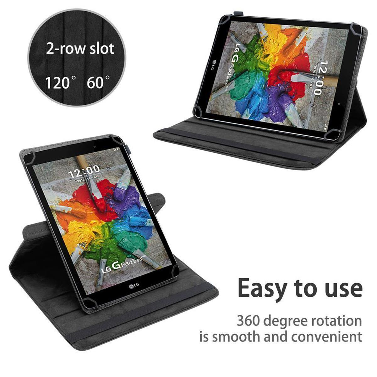 Tablet in grauer Hülle, bunter Bildschirm, zwei Winkel, Text: Einfach zu bedienen.