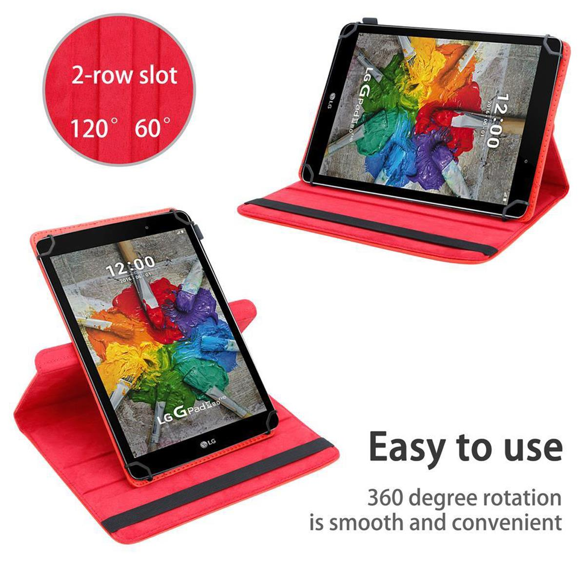 Tablet in roter Hülle, bunter Bildschirm, zwei Winkel, Text: Einfach zu bedienen.