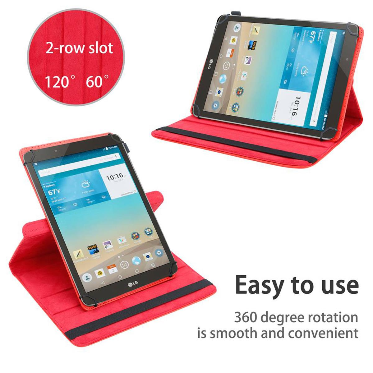 Tablets in roten Hüllen, mit rundem Etikett und Anzeige von Zeit und Wetter.