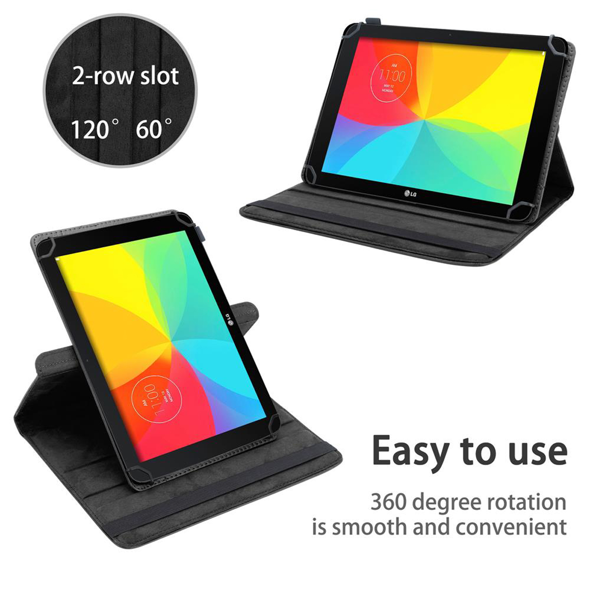Tablets in einer Hülle, zeigt den Bildschirm. Text: Einfach zu bedienen, 360-Grad-Drehung ist sanft und bequem.
