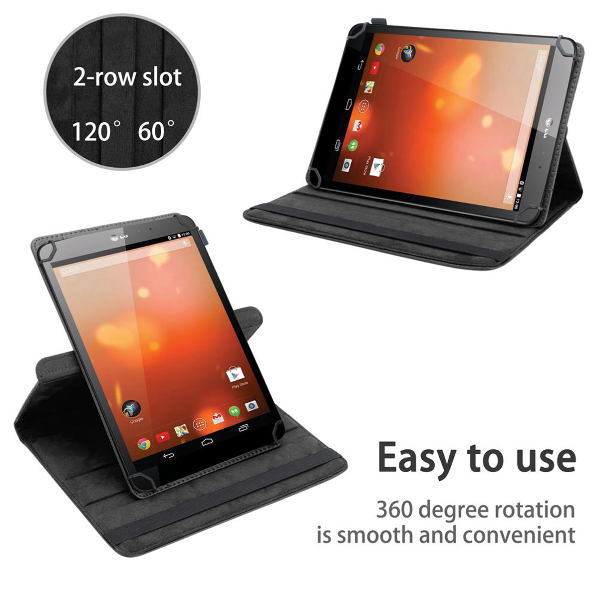 Zwei Tablets in Hüllen. Eines zeigt 360-Grad-Drehung. Text: 'Einfach zu bedienen'. Anderer Text auch vorhanden.