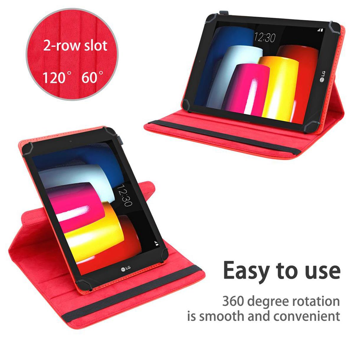 Rote Tablet-Hülle mit roter Innenseite, zwei Betrachtungswinkeln und Text.
