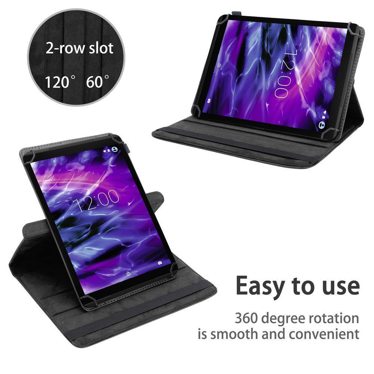 Graue Tablethülle mit Tablet. Die Hülle hat einen 2-reihigen Steckplatz. Das Tablet steht.