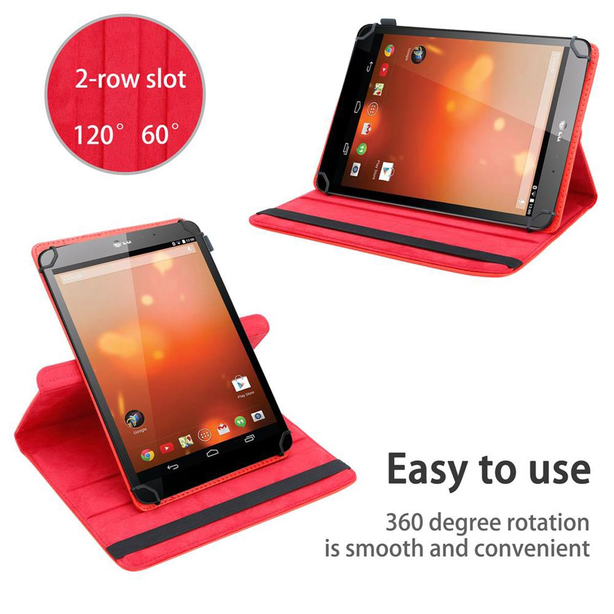 Rote Tablethülle mit Tablet darin, zeigt mehrere Positionen und Text, einfach zu bedienen.