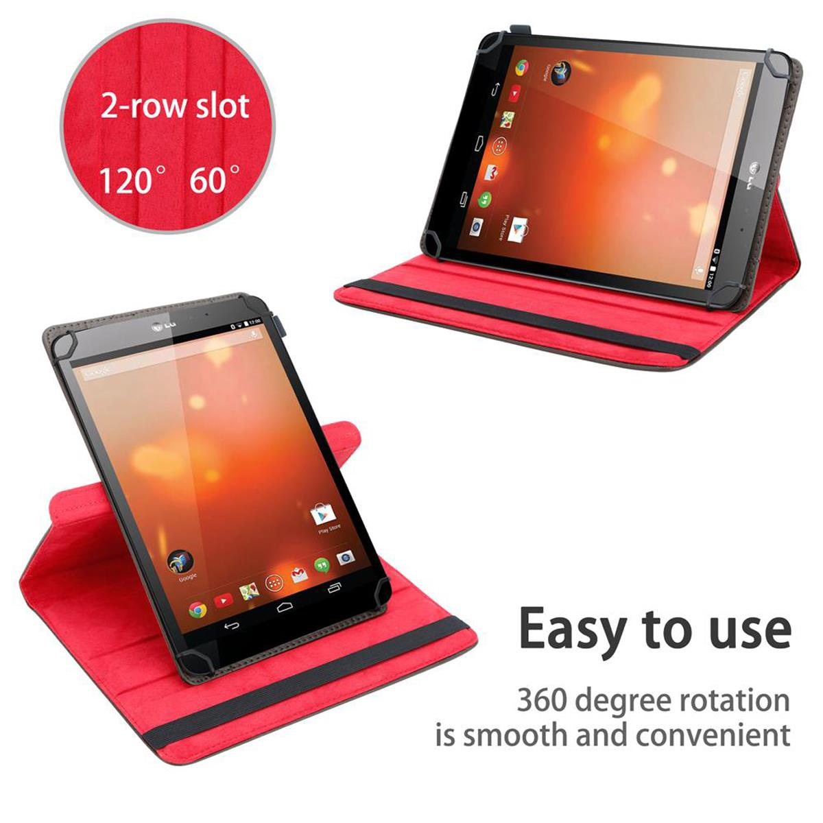 Tablets in roter Hülle, zwei Ansichten, einfach zu bedienen, 360-Grad-Drehung.