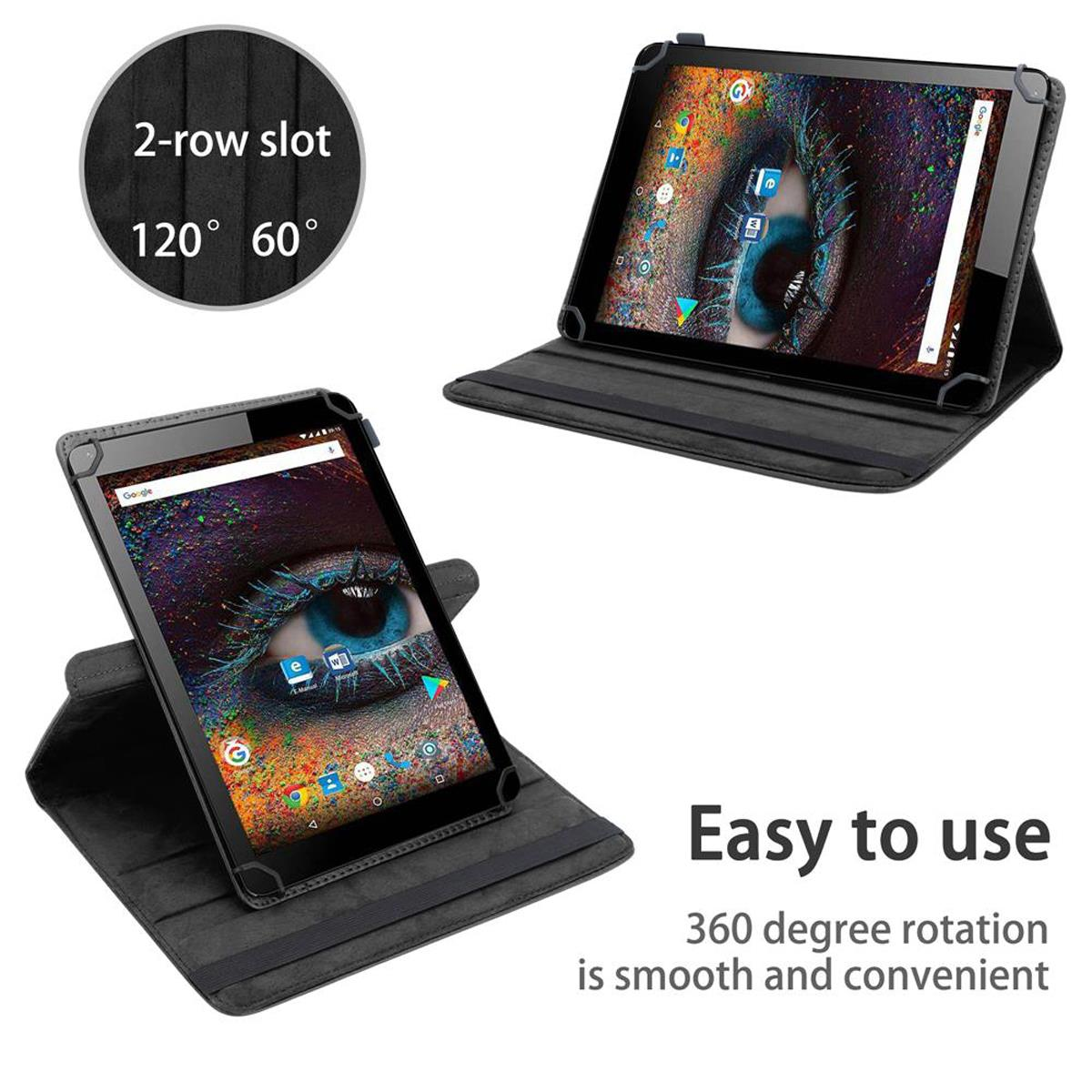 Zwei Tablets in schwarzen Hüllen, die Bildschirme in verschiedenen Winkeln zeigen, mit Text und Kreis.