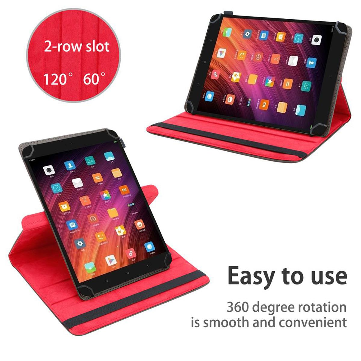 Rote Tablethülle mit Tablet. Auf dem Tablet ist ein Bildschirm zu sehen. Der Text "Einfach zu bedienen" ist sichtbar.