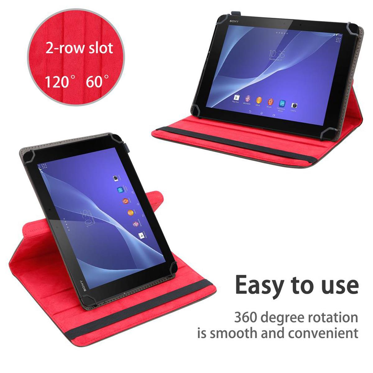Zwei rote Tablethüllen. Eine zeigt einen Tablet-Bildschirm.