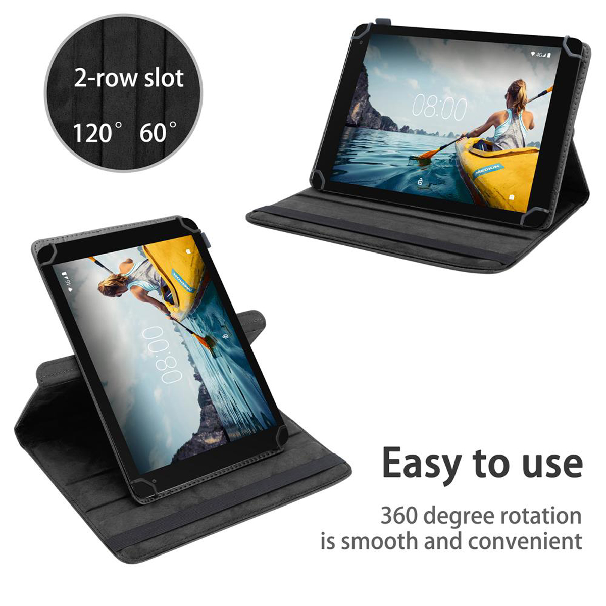 Custodia per tablet nera con tablet in due posizioni; sfondo grigio. Testo: Facile da usare.