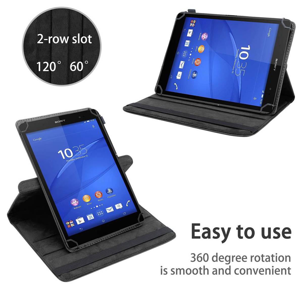 Dos tabletas en fundas, una abierta y otra cerrada. Las fundas son negras, las tabletas muestran el logo Sony y la pantalla.