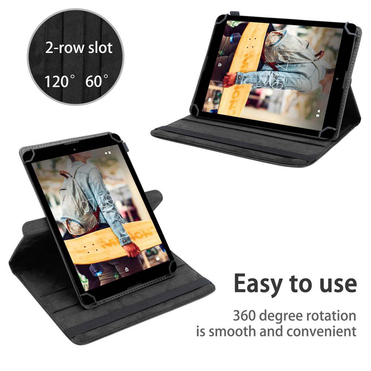 Tablets in einer Hülle, eines offen mit Zeichnung, das andere geschlossen. Text: Easy to use.