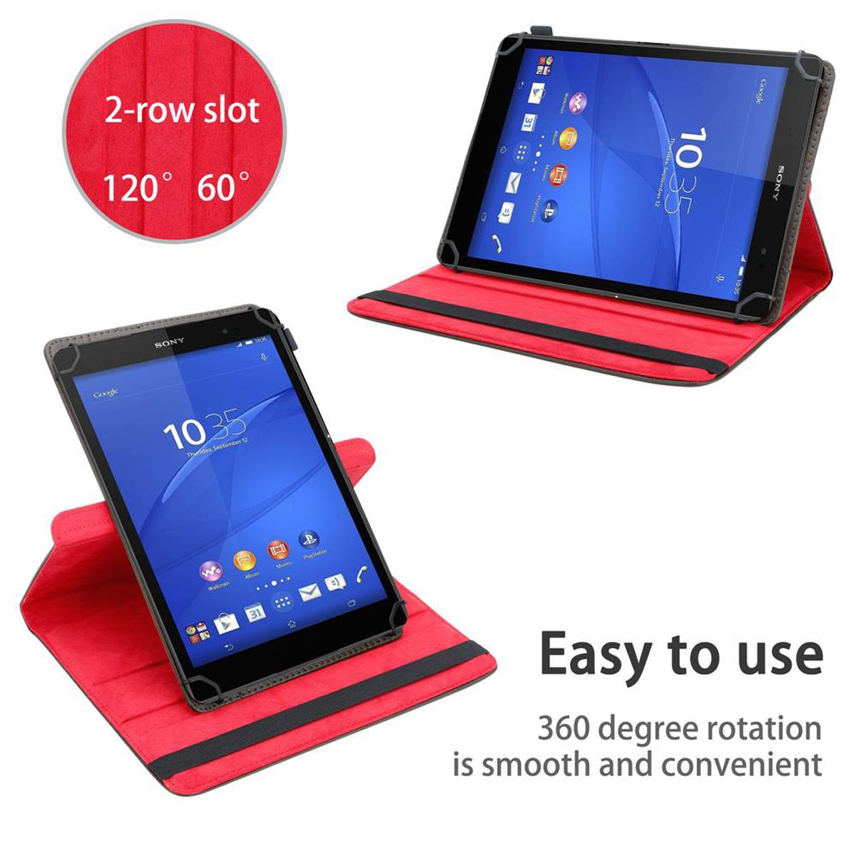 Dos tabletas en fundas rojas. Una está vertical, la otra inclinada. El texto dice 'Fácil de usar'.