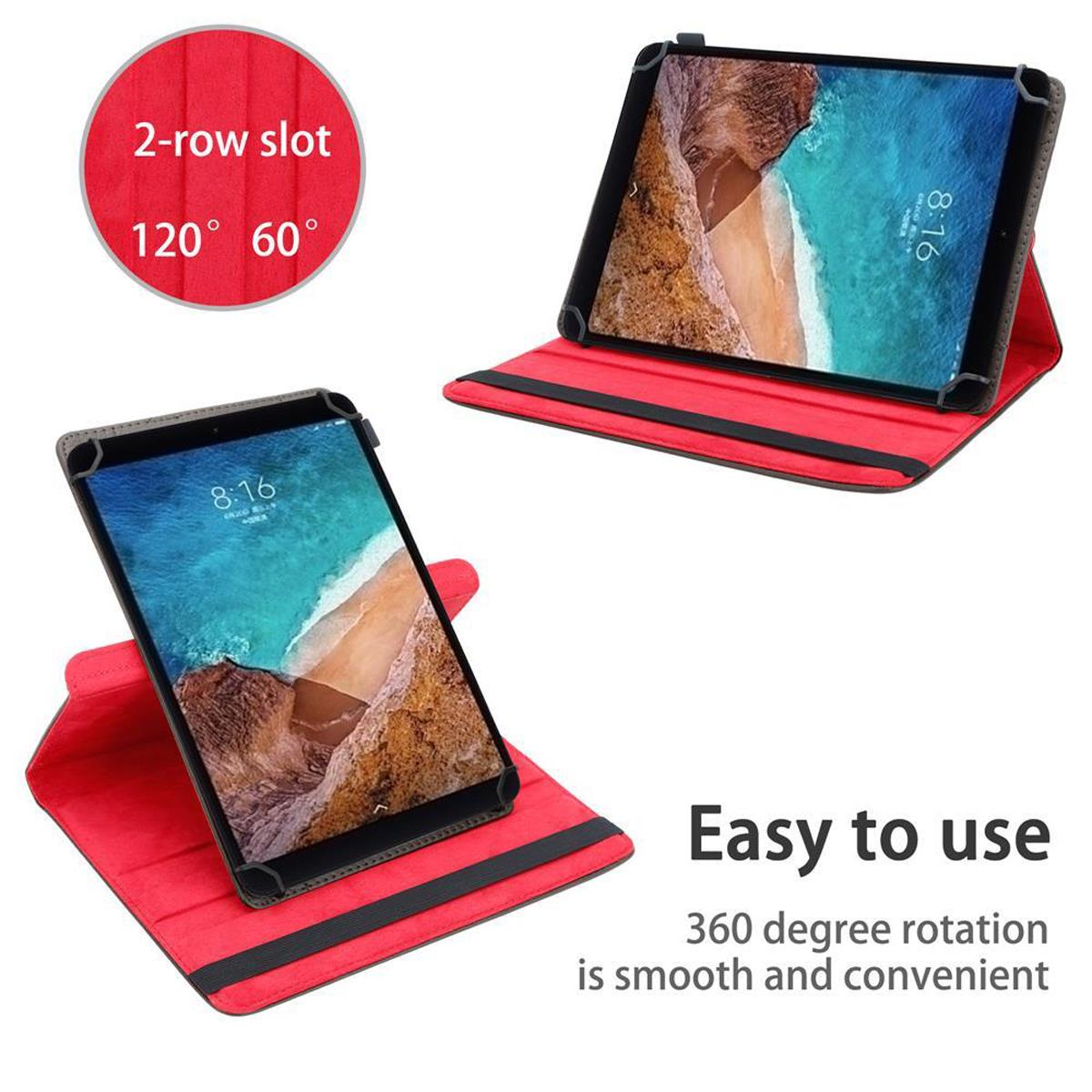 Rote Tablethülle mit zwei Tablets, mit Bildern auf den Bildschirmen und einem roten Ständer mit Text.