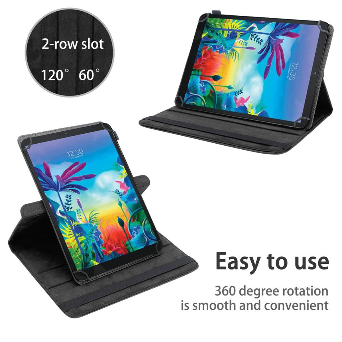 Zwei Tablets in schwarzen Hüllen, die den Bildschirm zeigen. Eines steht aufrecht, das andere liegt flach. Beide haben Text.