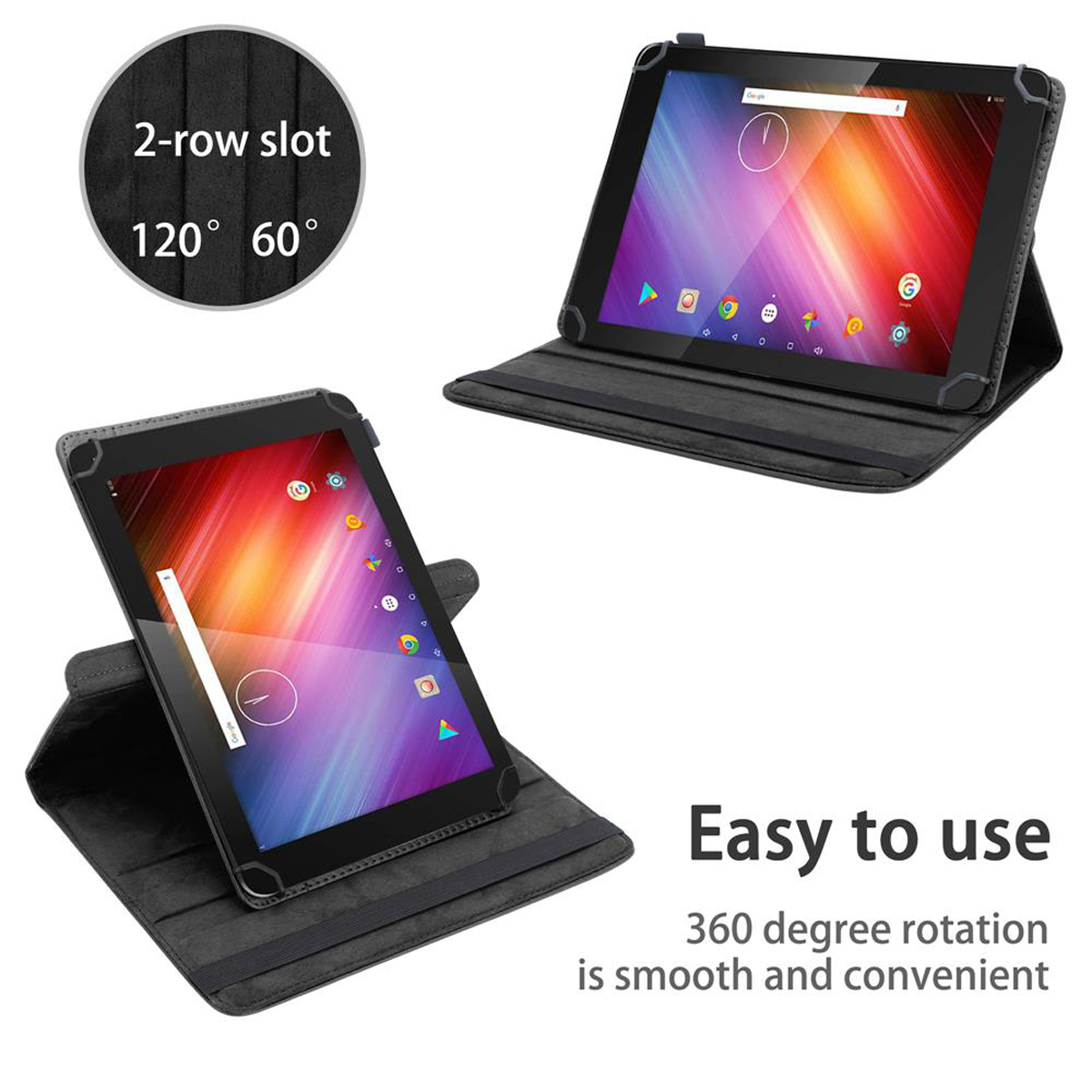 Zwei Tablets in schwarzen Hüllen, die verschiedene Winkel zeigen. Text: Einfach zu bedienen, 360° Drehung.