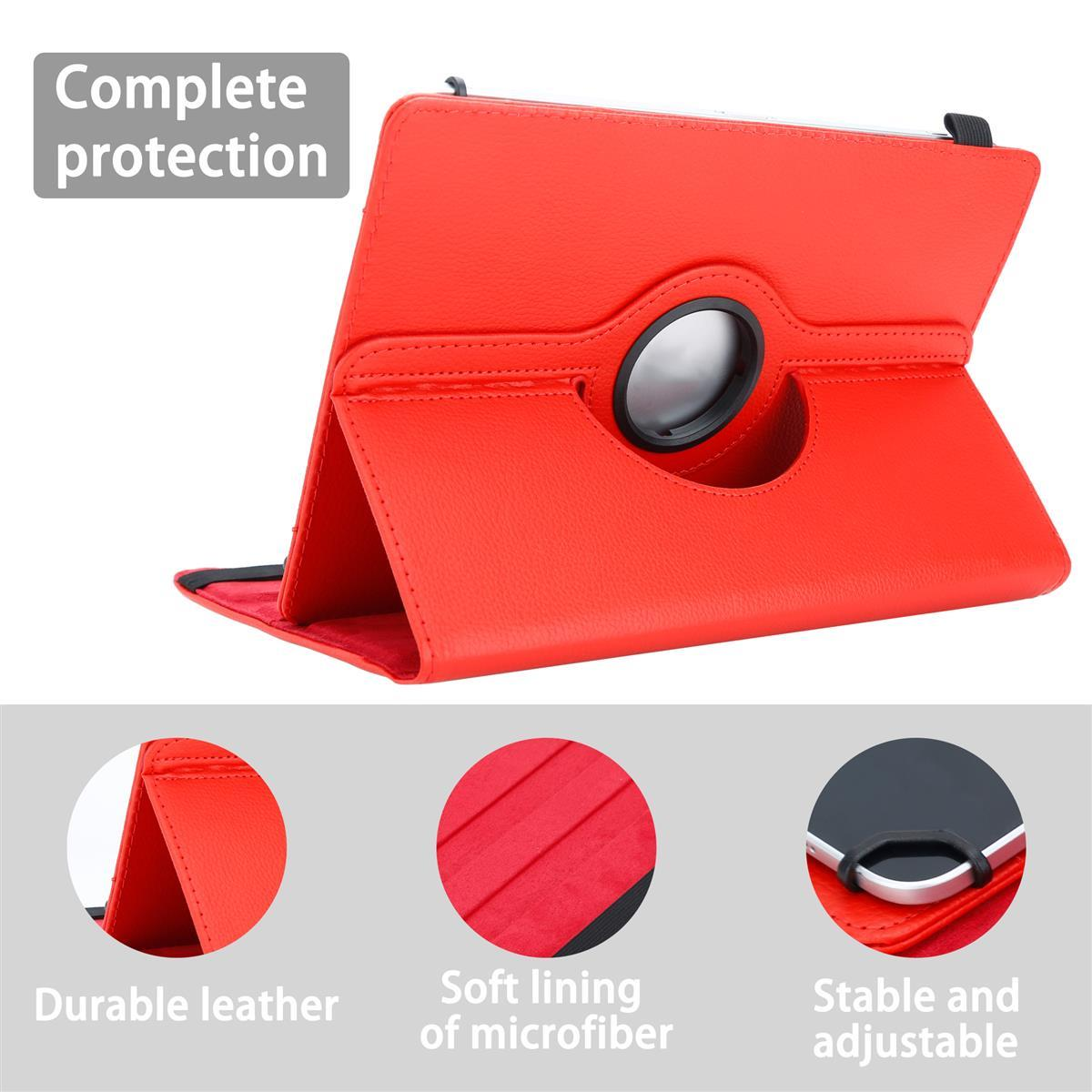 Rote Tablethülle mit Halterung, Details zu Leder, Mikrofaserfutter und verstellbarem Ständer.