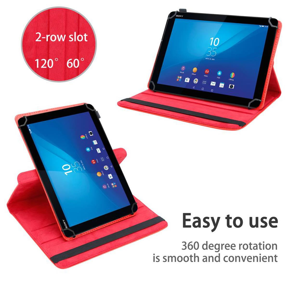 Tablets in roter Hülle, zwei Ansichten, einfach zu bedienen, 360-Grad-Drehung.