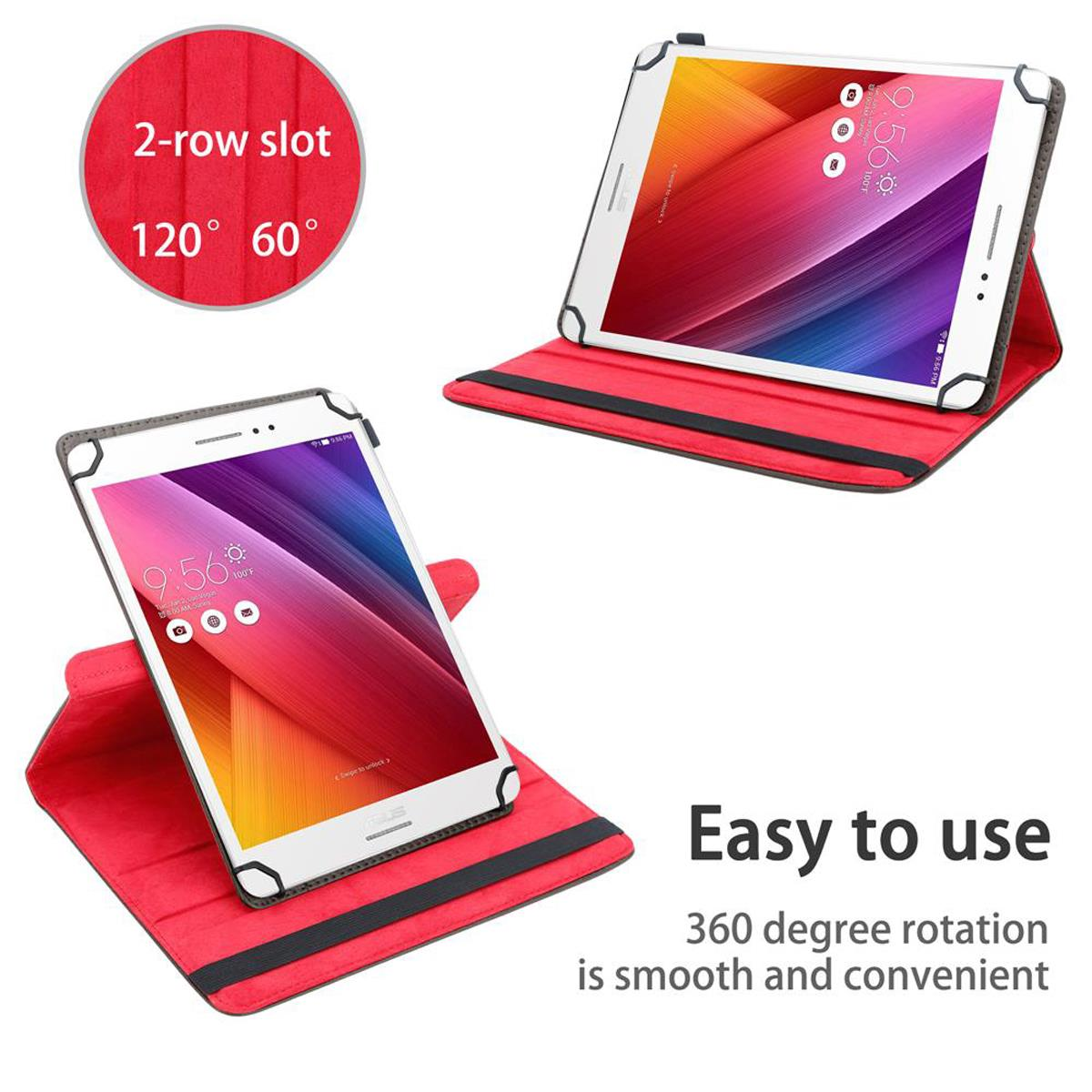 Tablet in roter Hülle, zwei Ansichten. Text: Einfach zu bedienen. 360° Drehung ist glatt und bequem.
