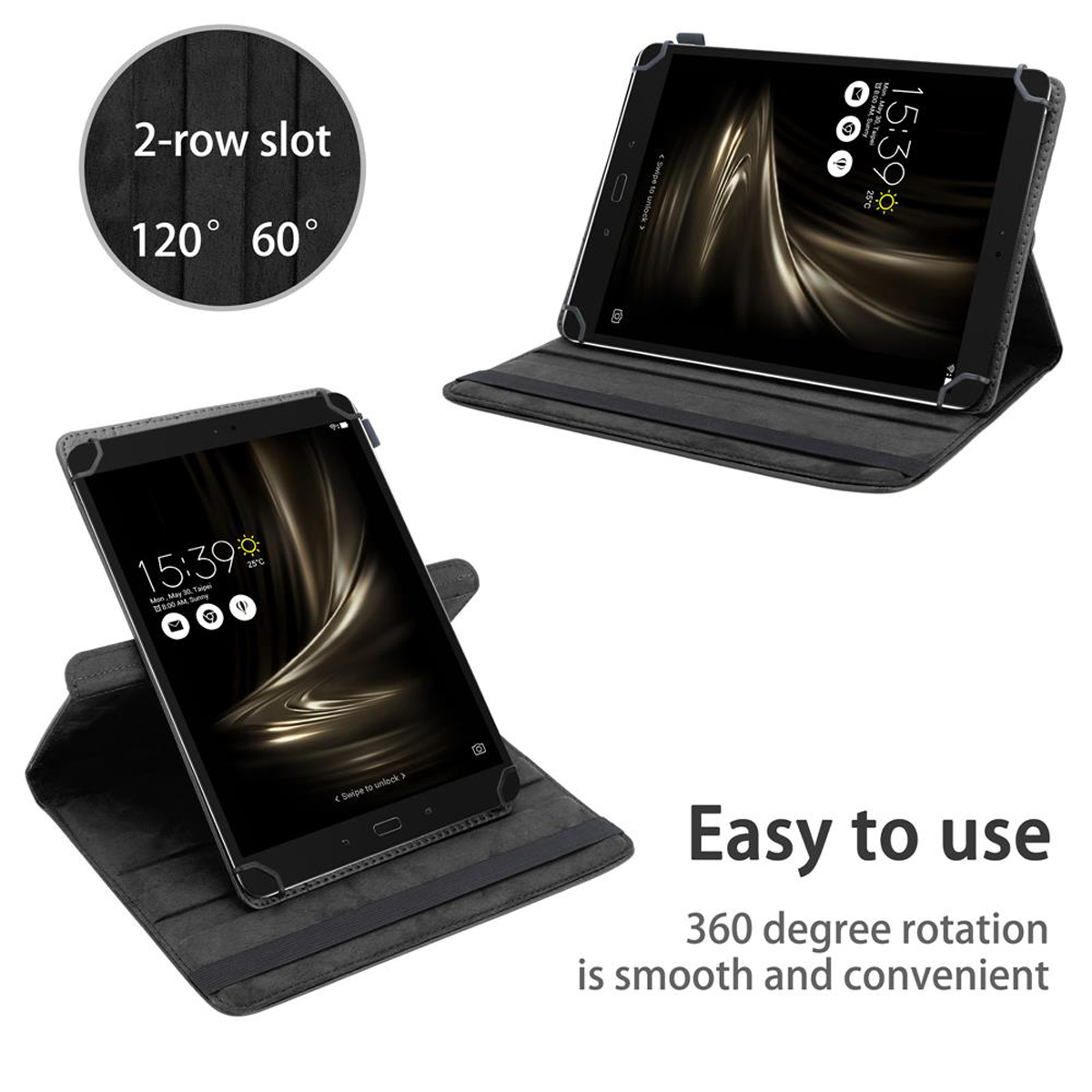 Zwei Tablets in Hüllen. Eines ist geöffnet und zeigt den Bildschirm mit einer Oberfläche. Das andere ist geschlossen.