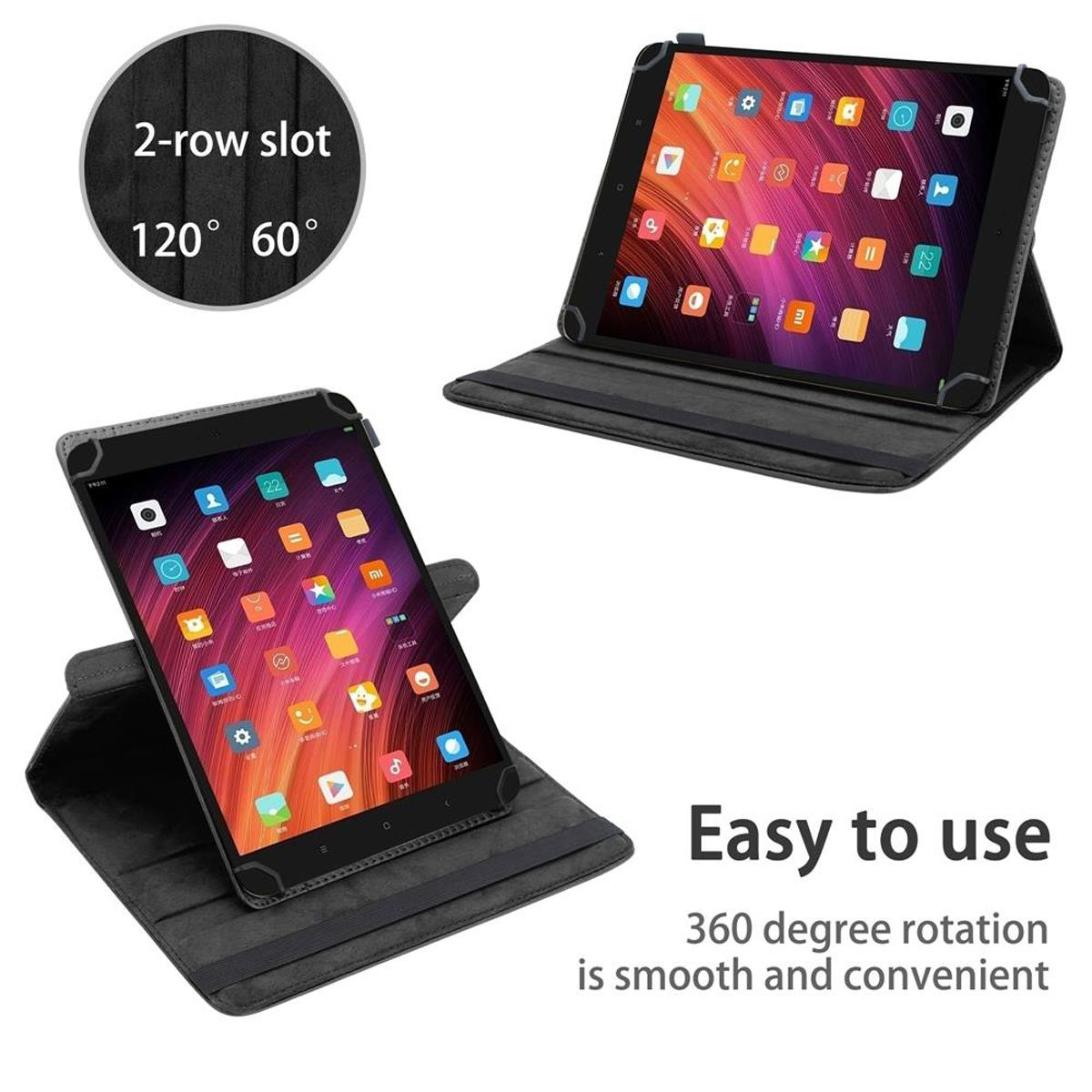 Tablet mit Hülle, drehbar, mit mehreren Betrachtungswinkeln. Schwarze Hülle, bunter Bildschirm.