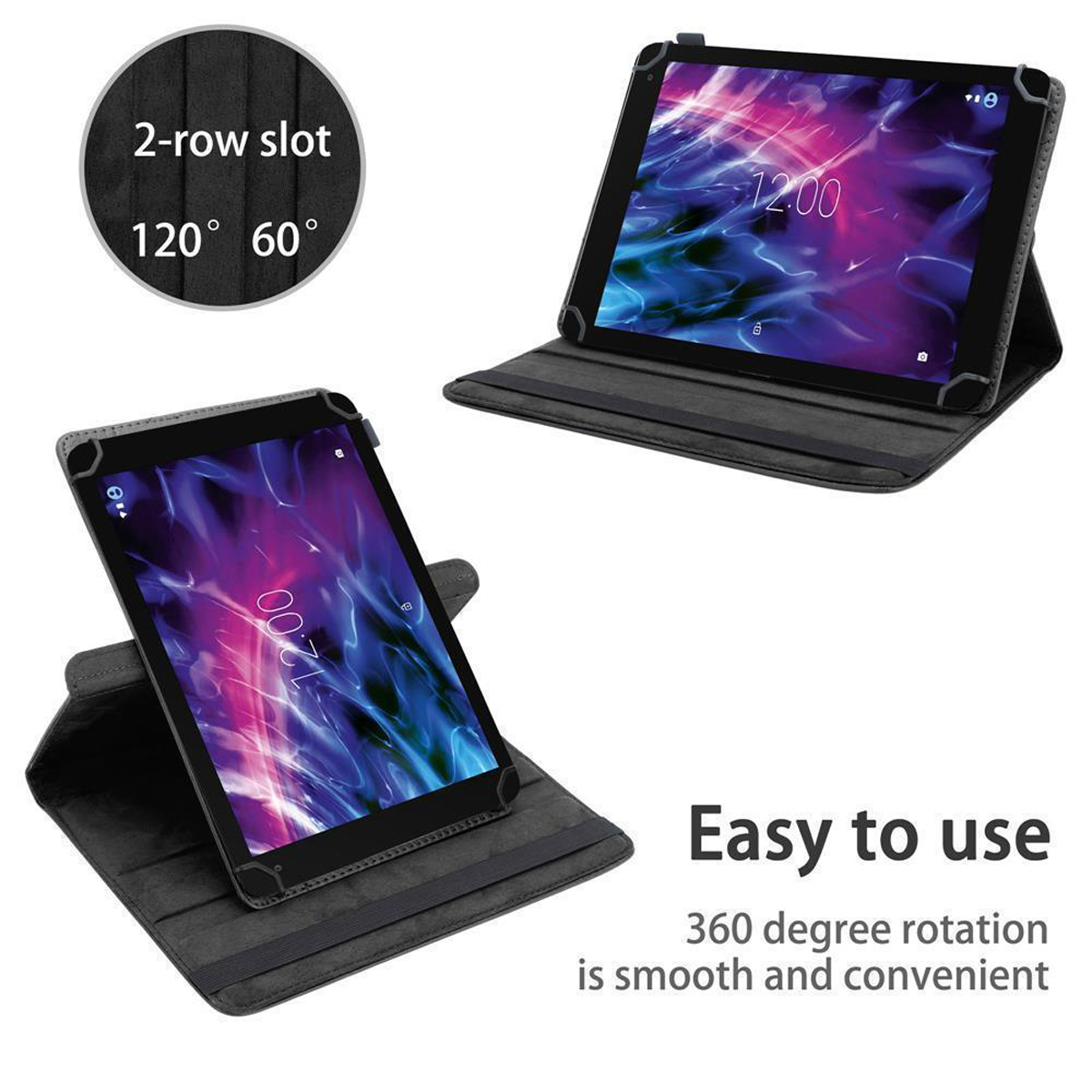 Tablets in Hüllen, schwarz. Eine offen, eine geschlossen. Einfach zu bedienen, 360-Grad-Drehung ist glatt und bequem.